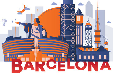 Typography word Barcelona branding technology concept. Collection of flat vector web icons. Catalonia culture travel set, famous architectures, specialties detailed silhouette European famous landmark - obrazy, fototapety, plakaty
