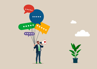 Businessman holding speech bubble balloons while talking on megaphone. Communication and media, Public Relations to communicate company information, announce sales or promotion.
