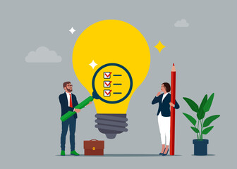 Businessman with magnifier analyze lightbulb idea. Evaluate profitable of business idea. Vector illustration.