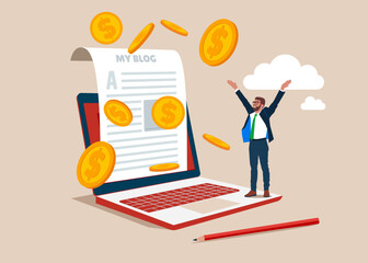 Success blogger or writer catching money banknotes fall from the sky. Make money from online, monetize content, get income or earning from affiliate links. - obrazy, fototapety, plakaty