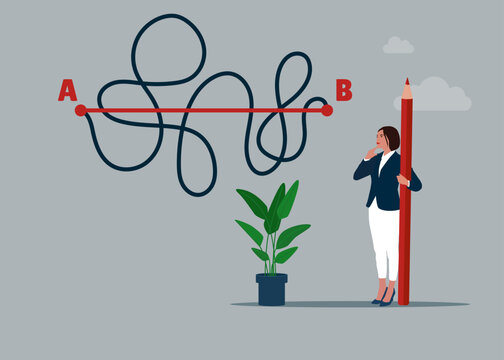 Businesswoman holding red pencil in hand leads a drawing line from point A to point B, Shortest distance to goal, easy or shortcut way to win business success.