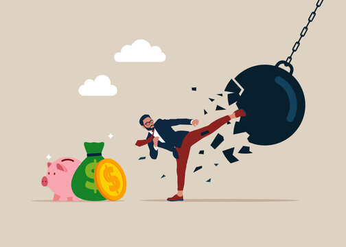 Businessman kicks a giant wrecking ball. Crisis management and Problem solving. Vector illustration.