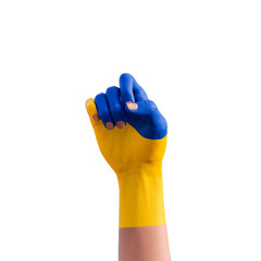 hand gesturing with ukrainian flag tattoo, communication and nation concept