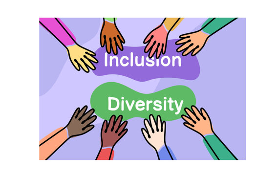 The concept of inclusion and diversity. Hands of different nationalities around the inscription "inclusion" and "diversity"