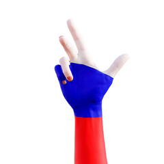 hand gesturing with russian  flag tattoo, communication and nation concept