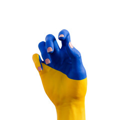 hand gesturing with ukrainian flag tattoo, communication and nation concept