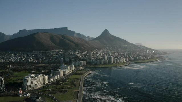 Aerial view of Cape Town, South Africa, on a bright and sunny day filmed in 4k with a drone