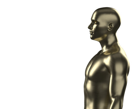 3D illustration of a male gold torso on a white background. metal mannequin.