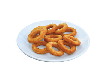 Clos up of fried onion rings on white plate, isolated, png format, transparent