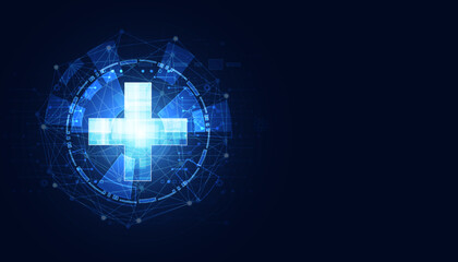 Abstract health science consist health plus circle digital technology concept  modern medical on hi tech future blue background.