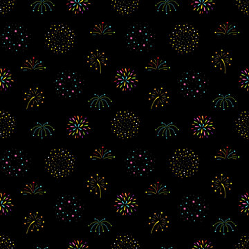Seamless pattern fireworks on dark background. New year wrapping paper, banners, web design, scrapbooking and textile