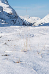 Gorgeous Winter landscape blue sky image of view along Glencoe Rannoch Moor valley with snow covered mountains all around