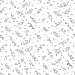 Seamless pattern confetti background with serpentine ribbons. Anniversary, celebration, greeting illustration in doodle style