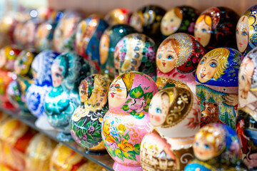 Russian folk souvenirs nesting dolls. Tourism in Russia.