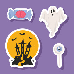 Vector Halloween sticker set with candy,ghost,castle.Use for event invitation,discount voucher,advertising,greeting card,logo,packaging,textile,web