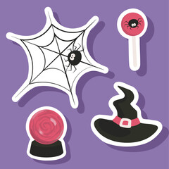 Vector Halloween sticker set with candy,witch hat,magic ball,spider and web.Use for event invitation,discount voucher,advertising,greeting card,logo,packaging,textile,web