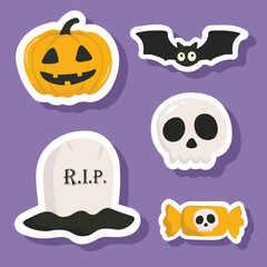 Vector Halloween sticker set with candy,grave,bat,skull,Halloween pumpkin.Use for event invitation,discount voucher,advertising,greeting card,logo,packaging,textile,web