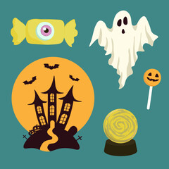 Vector Halloween set with candy,ghost,castle,magic ball.Use for event invitation,discount voucher,advertising,greeting card,logo,packaging,textile,web.