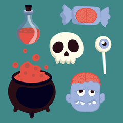 Vector Halloween set with candy,zombie,skull,potion cauldron,potion flask.Use for event invitation,discount voucher,advertising,greeting card,logo,packaging,textile,web