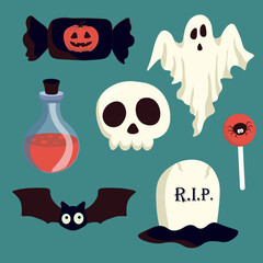 Vector Halloween set with candy,ghost,grave,bat,skull,potion flask.Use for event invitation,discount voucher,advertising,greeting card,logo,packaging,textile,web.