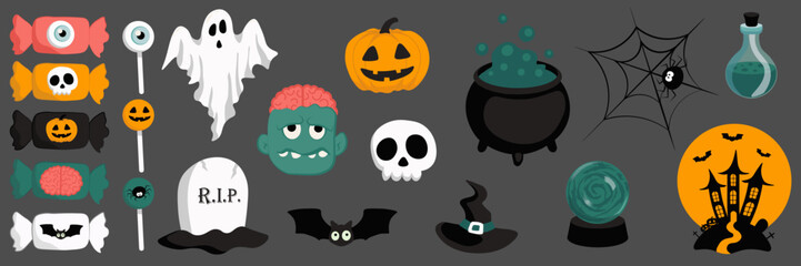 Vector Halloween mega set with candy,ghost,grave,zombie,bat,skull,pumpkin,witch hat,potion cauldron,spider,castle,potion flask,magic ball.Use for event invitation,greeting card,logo,packaging,web.