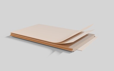 Modern finishing materials, displaying the composition of the wooden panel. Demonstration of all layers of the floor covering of the structure. 3d rendering.