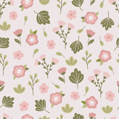 Floral seamless pattern. Hand drawn flowers, leaves and plants on pink background. Pastel colors. Vector illustration.