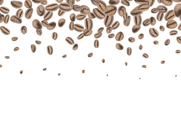 Coffee flying bean background. Black espresso grain falling. Rustic coffee bean fall on white background. Represent breakfast, energy, freshness or great aroma concept.