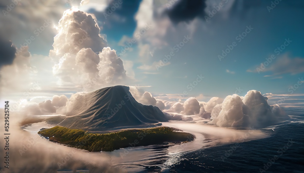 Poster A lonely mountain on a green island is shrouded in clouds. 3D rendering