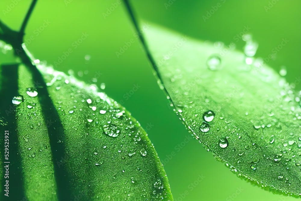 Poster dewdrops on the leaves of the bush. 3d rendering