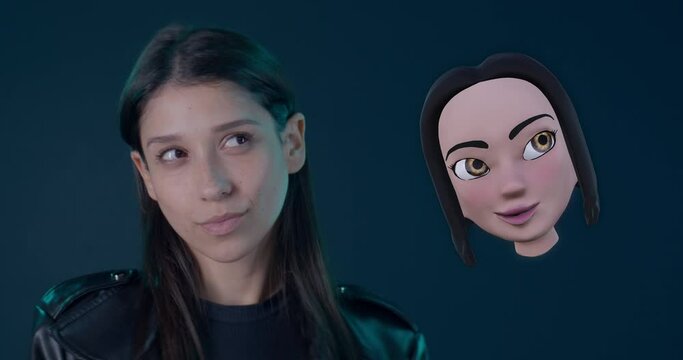 Metaverse 3d emoji avatar mimics facial expressions of young attractive female 
