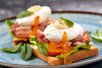 toasts with poached egg and bacon
