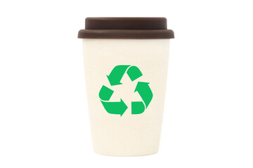 Bamboo cup with recycling icon for coffee or tea to go, reusable. Isolated on white. Brown cap.