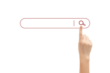 Finger presses the search button in the search bar on a white background.