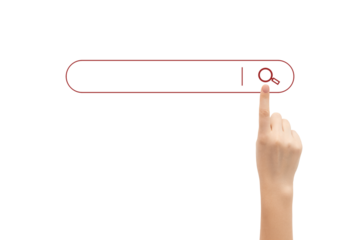 Finger presses the search button in the search bar on a white background.