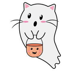 ghost, kitten, cute ghost, basket, pumpkin basket, cuteness, fluffy, ghost kitten, ghost cat, cat, white, orange