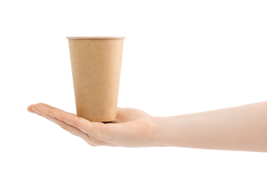 Paper cup in hand, isolated on white background