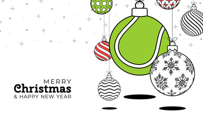 tennis christmas greeting card in trendy line style. Merry Christmas and Happy New Year outline cartoon Sports banner. tennis ball as a xmas ball on white background. Vector illustration.
