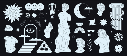 Monochrome hand drawn trendy figures and aesthetic greek statues. © Pandagolik