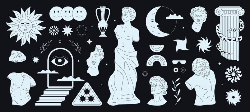 Monochrome hand drawn trendy figures and aesthetic greek statues.
