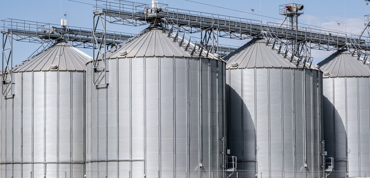 Agro silos granary elevator with seeds cleaning line on agro-processing manufacturing plant for processing drying cleaning and storage of agricultural products in rye corn or wheat field