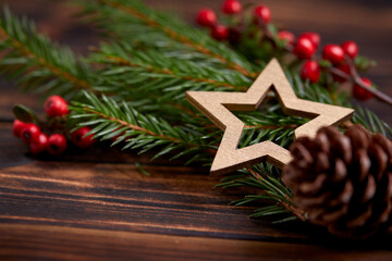 Christmas decoration with ball and fir branches