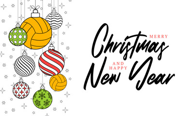 volleyball christmas greeting card in trendy line style. Merry Christmas and Happy New Year outline cartoon Sports banner. volleyball ball as a xmas ball on white background. Vector illustration.