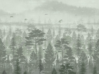 Fototapeta premium Wallpaper vintage jungle pattern with birds Grus grus in forest flower with fog green background