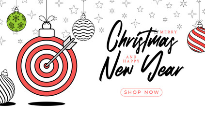 target christmas greeting card in trendy line style. Merry Christmas and Happy New Year outline cartoon Sports banner. target ball as a xmas ball on white background. Vector illustration.