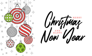 target christmas greeting card in trendy line style. Merry Christmas and Happy New Year outline cartoon Sports banner. target ball as a xmas ball on white background. Vector illustration.