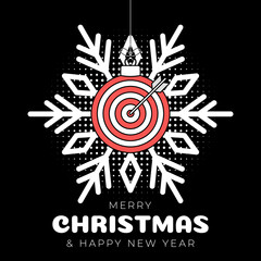 target christmas greeting card. Merry Christmas and Happy New Year outline style flat cartoon Sports banner. target ball as a xmas ball on black background. Vector illustration.