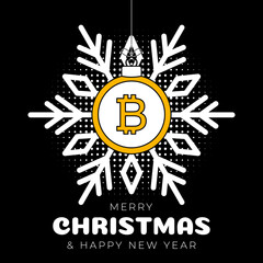 bitcoin christmas greeting card. Merry Christmas and Happy New Year outline style flat cartoon Sports banner. bitcoin as a xmas ball on black background. Vector illustration.
