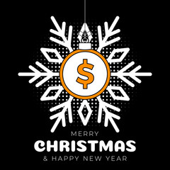 money christmas greeting card. Merry Christmas and Happy New Year outline style flat cartoon Sports banner. coin as a xmas ball on black background. Vector illustration.