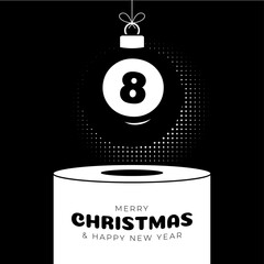 billiard Christmas bauble pedestal. Merry Christmas sport greeting card. Hang on a thread billiard ball as a xmas ball on white podium on black background. Sport Trendy Vector illustration.